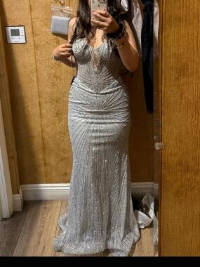 Silver Beaded Evening Gown - Glamorous Sparkle